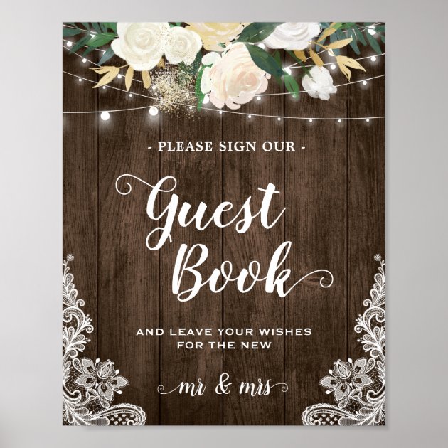 Rustic Wood Floral Lace Guestbook Wedding Sign