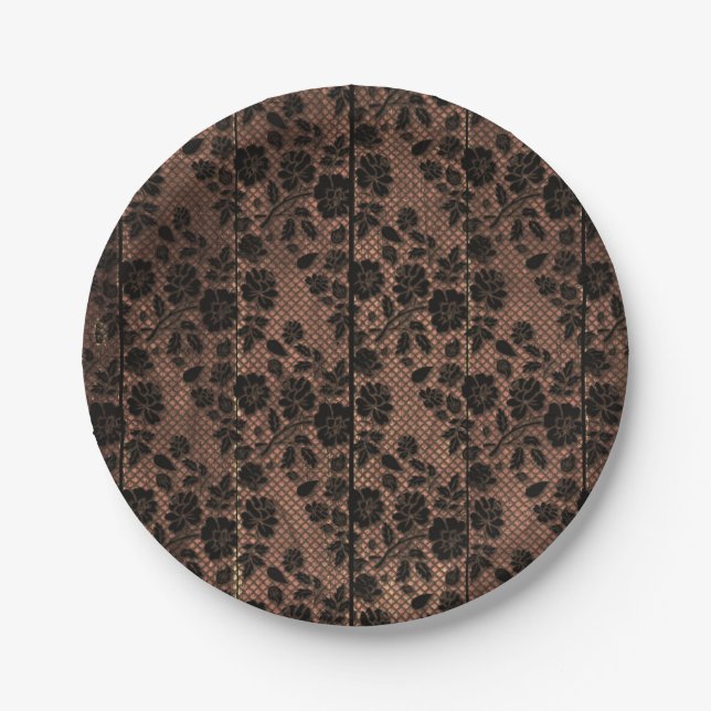 Rustic Wood & Floral Lace Lacy Lingerie Shower Paper Plates (Front)