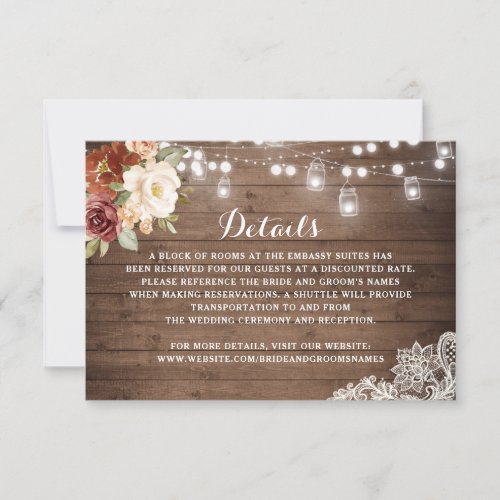 Rustic Wood Floral Lace String Lights Details Invitation