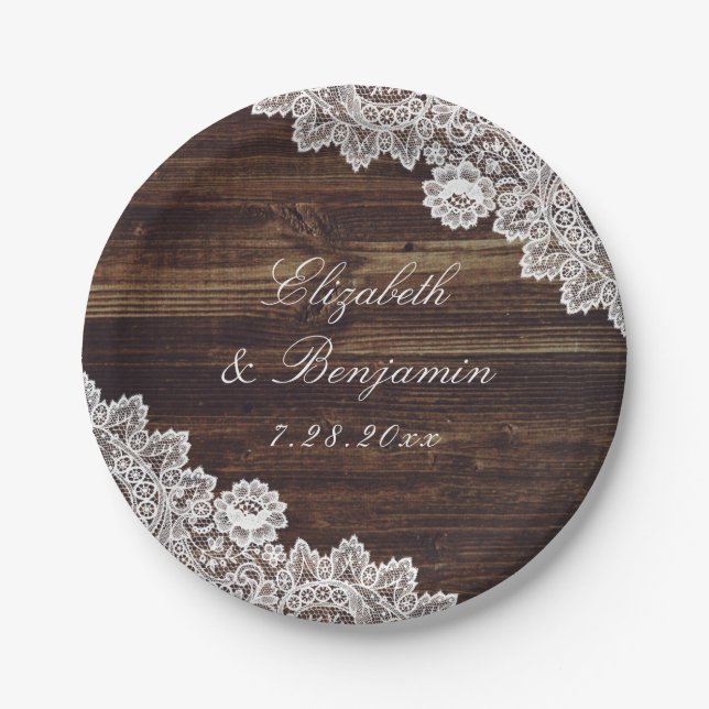 Rustic Wood Floral Lace String Lights Wedding Paper Plates (Front)