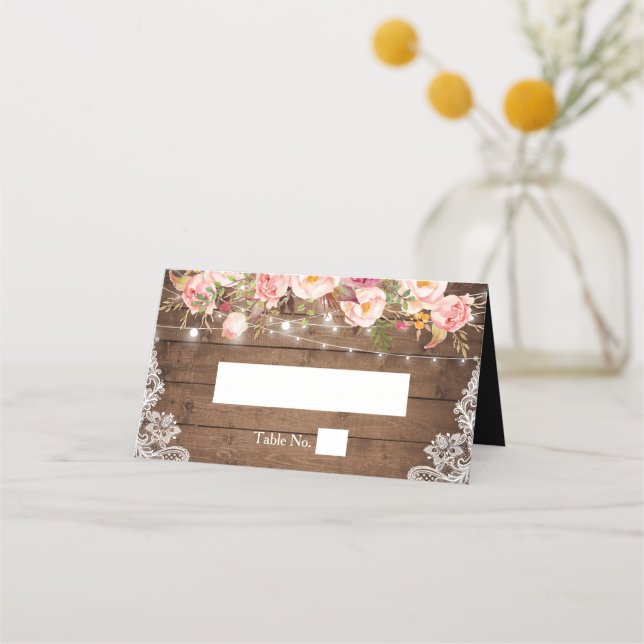 Rustic Wood Floral Lace String Lights Wedding Place Card (Front)