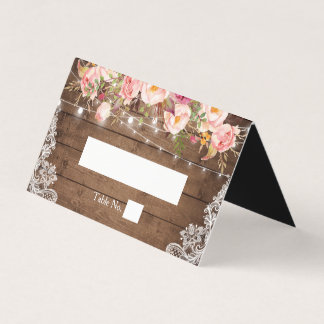 Rustic Wood Floral Lace String Lights Wedding Place Card