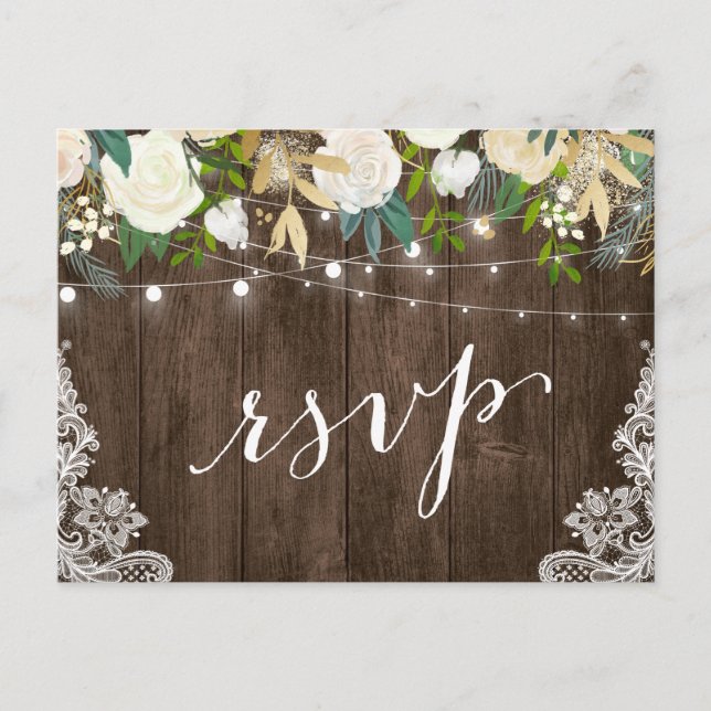 Rustic Wood Floral Lace String Lights Wedding RSVP Invitation Postcard (Front)