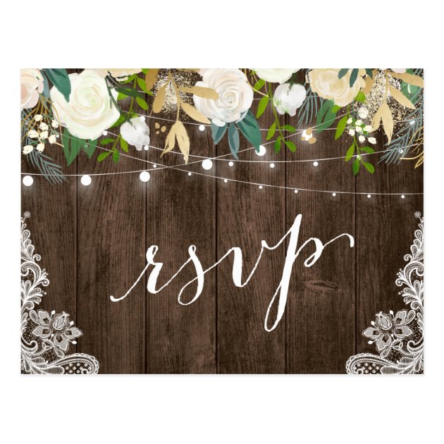 Rustic Wood Floral Lace String Lights Wedding RSVP Postcard