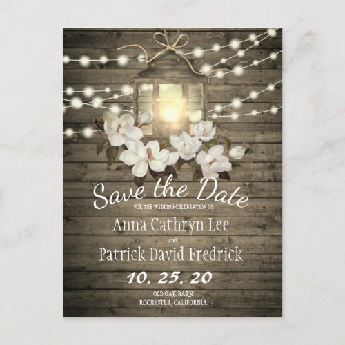 Rustic Wood Floral Lantern Lights Save The Date Announcement Postcard