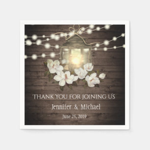 Rustic Wood Floral Lantern Lights Wedding Custom Paper Napkins