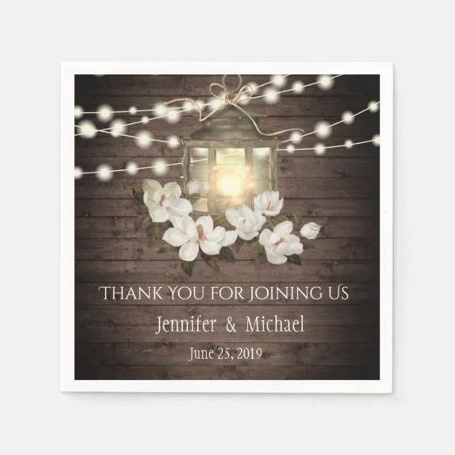Rustic Wood Floral Lantern Lights Wedding Custom Paper Napkins (Front)