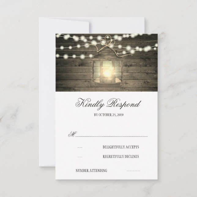 Rustic Wood Floral Lantern Lights Wedding RSVP Card (Front)