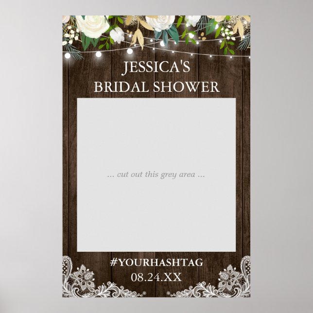 Rustic Wood Floral Lights Bridal Shower Photo Prop Poster (Front)