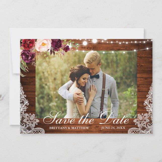 Rustic Wood Floral Lights Lace Photo Save The Date (Front)