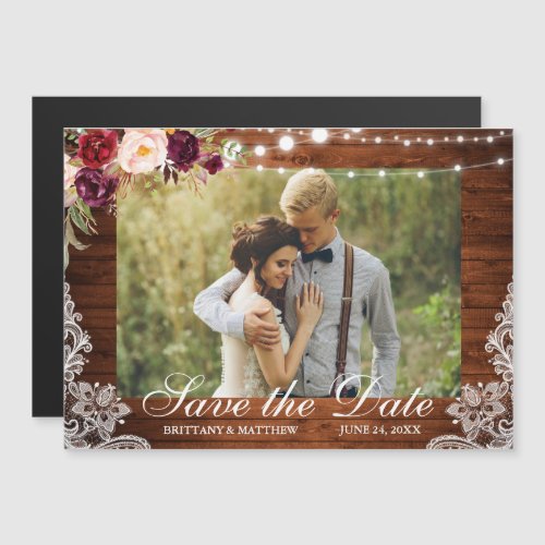 Rustic Wood Floral Lights Lace Photo Save the Date Magnetic Invitation