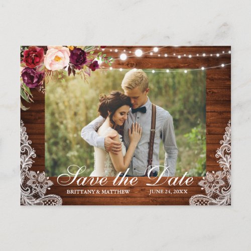 Rustic Wood Floral Lights Lace Photo Save the Date Postcard