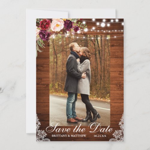 Rustic Wood Floral Lights Lace Save the Date