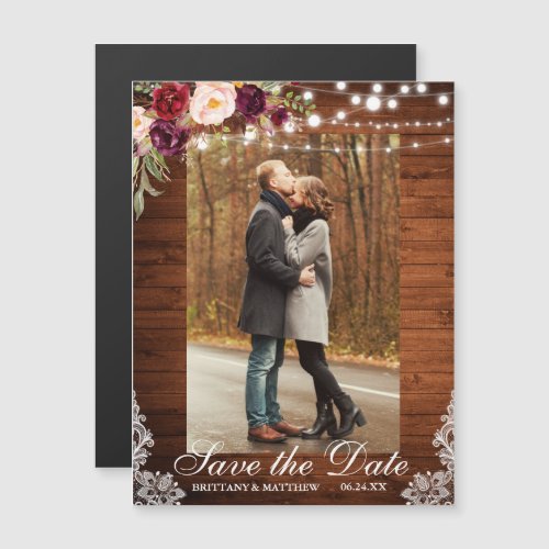 Rustic Wood Floral Lights Lace Save the Date Magnetic Invitation