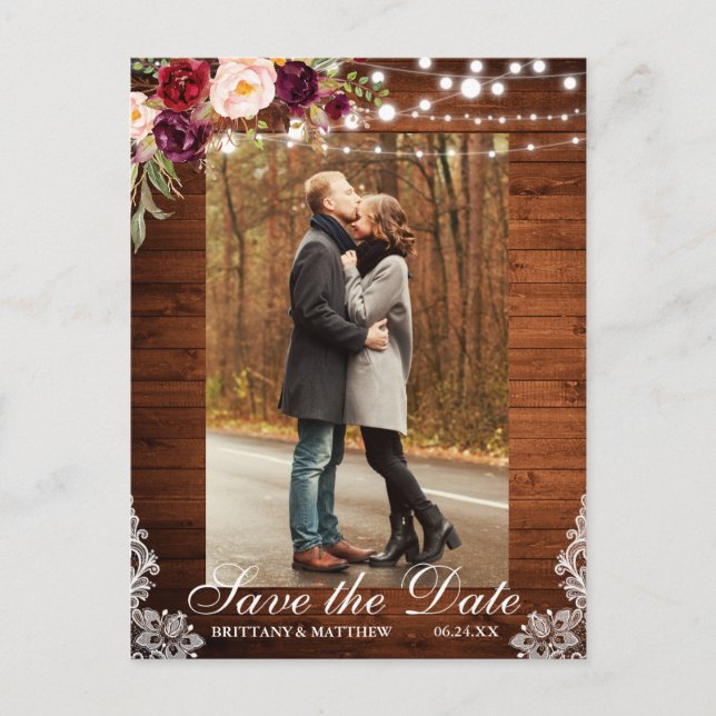 Rustic Wood Floral Lights Lace Save the Date Postcard (Front)