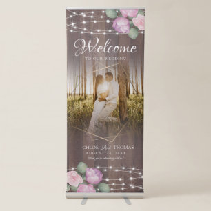 Rustic Wood Floral Lights & Photo Wedding Retractable Banner