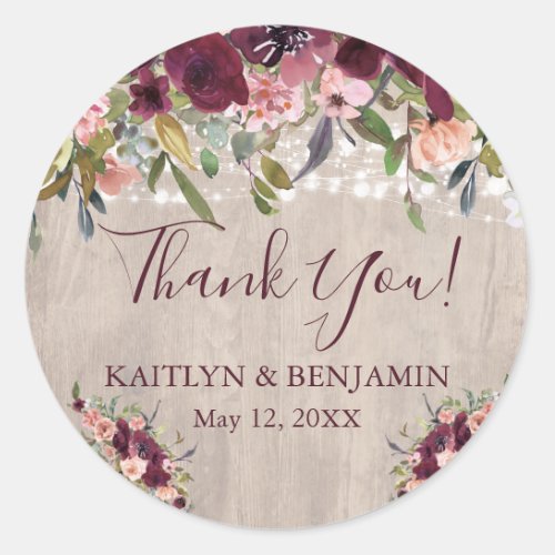 Rustic Wood Floral Lights Wedding Classic Round Sticker