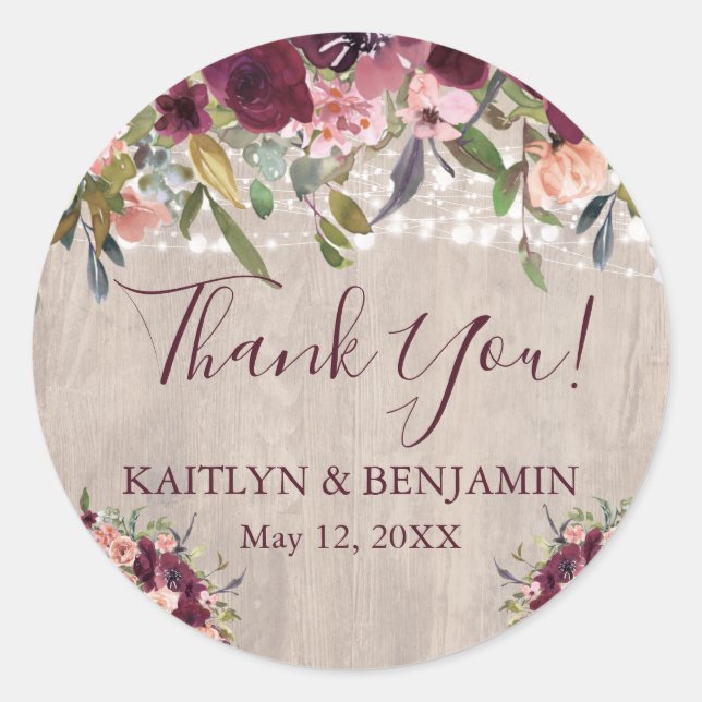 Rustic Wood Floral Lights Wedding Classic Round Sticker (Front)
