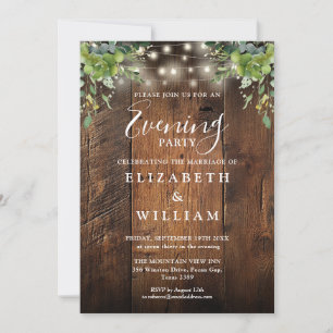 Rustic Wood Floral Lights Wedding Evening Party Invitation