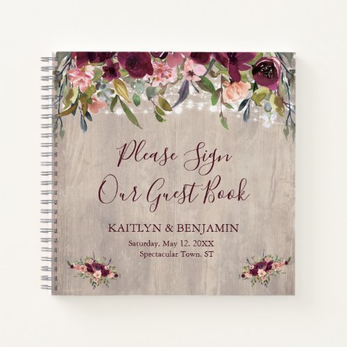 Rustic Wood Floral Lights Wedding Guest Book