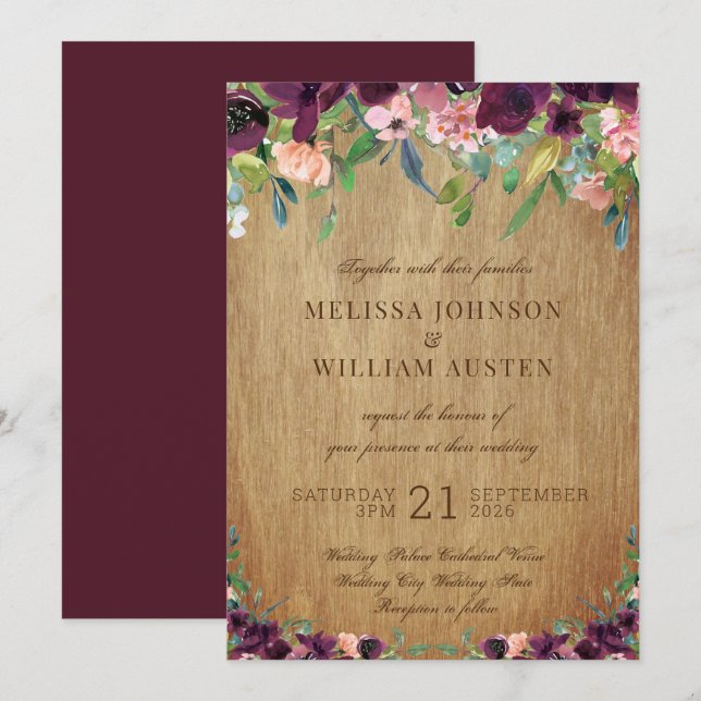 Rustic Wood Floral Marsala Wedding Invitation (Front/Back)