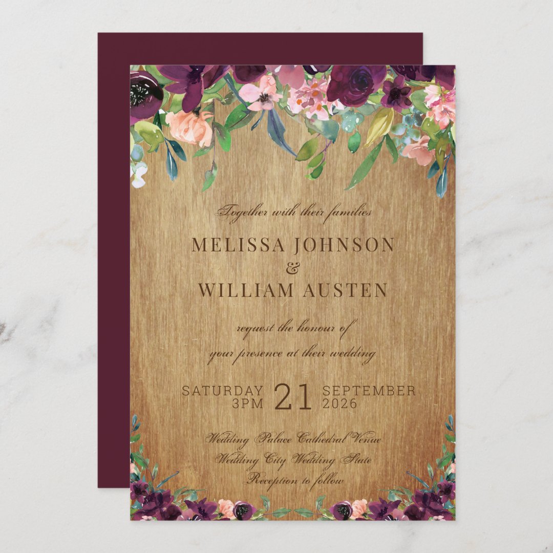 Rustic Wood Floral Marsala Wedding Invitation | Zazzle