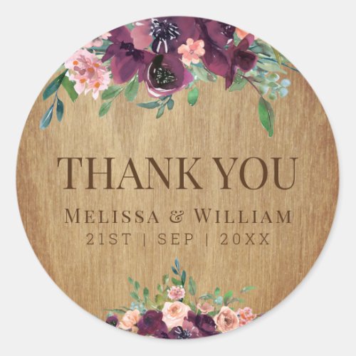Rustic Wood Floral Marsala Wedding Thank You Classic Round Sticker
