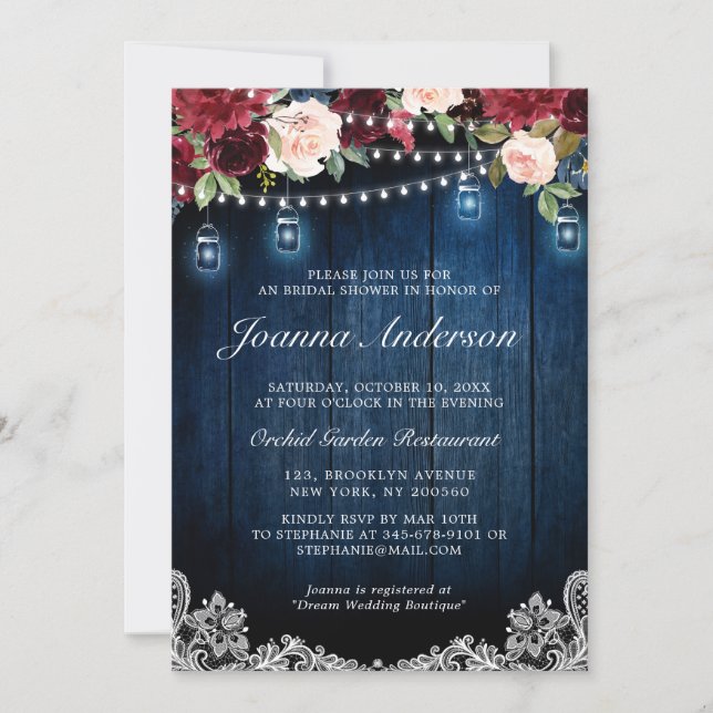 Rustic Wood Floral Mason Jar Bridal Shower Invitation (Front)