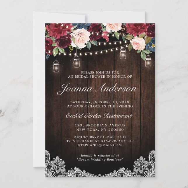 Rustic Wood Floral Mason Jar Bridal Shower Invitation (Front)