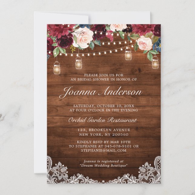 Rustic Wood Floral Mason Jar Bridal Shower Invitation (Front)