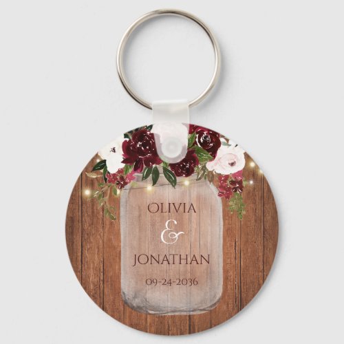 Rustic Wood Floral Mason Jar Lights Wedding Favor Keychain