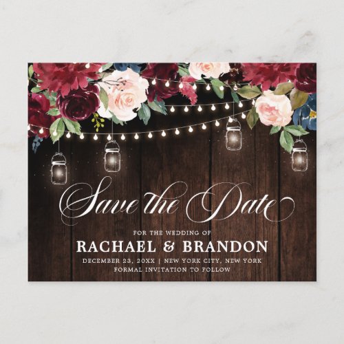 Rustic Wood Floral Mason Jar Save the Date Postcard