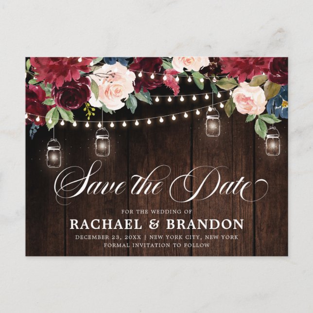 Rustic Wood Floral Mason Jar Save the Date Postcard (Front)