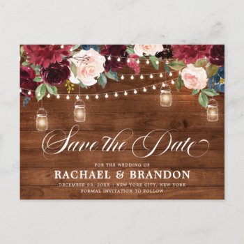Rustic Wood Floral Mason Jar Save The Date Postcard by blissweddingpaperie at Zazzle