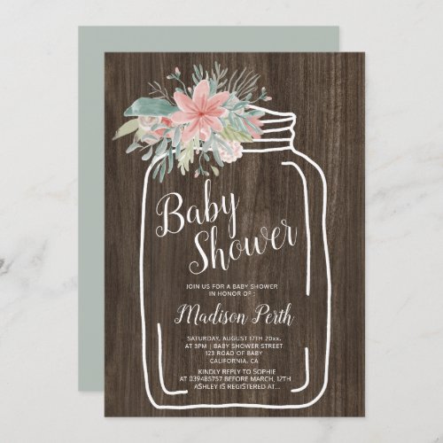 Rustic wood floral mason jar script baby shower invitation