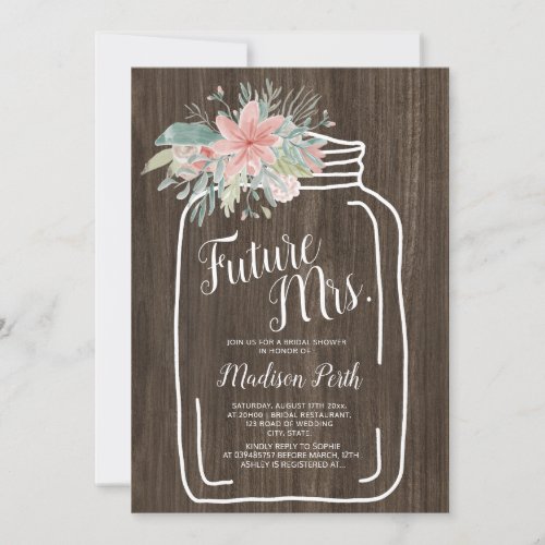 Rustic wood floral mason jar script bridal shower invitation