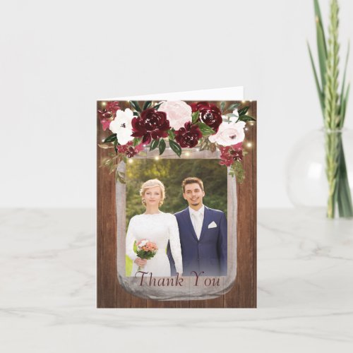Rustic Wood Floral Mason Jar Wedding Photo Thank You Card