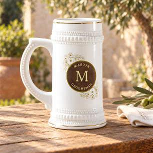 Rustic Wood Floral Monogram Groomsman Gift Beer Stein