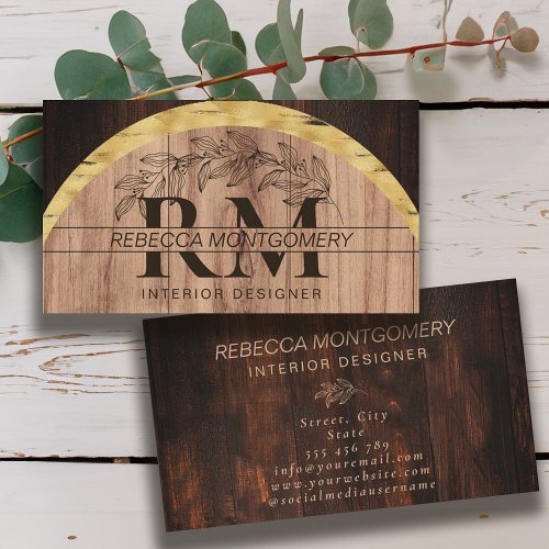Rustic Wood Floral Monogrammed Gold Business Card