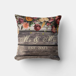 Rustic Wood Floral Mr & Mrs Wedding Keepsake Throw Pillow