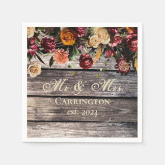 Rustic Wood Floral Mr & Mrs Wedding Napkins