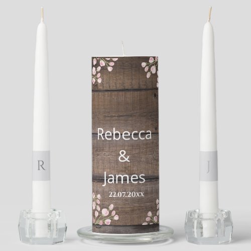 Rustic Wood Floral Name Date Wedding Unity Candle Set