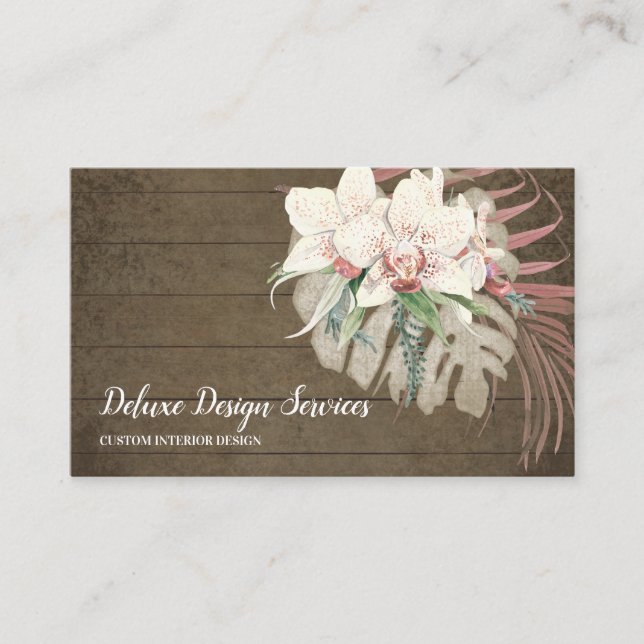 Rustic Wood Floral Orchid Elegant Foliage Greenery Business Card (Front)