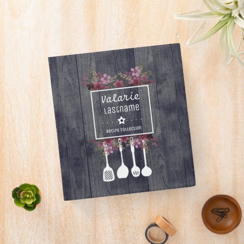 Rustic Wood Floral Personalized Recipe 3 Ring Binder