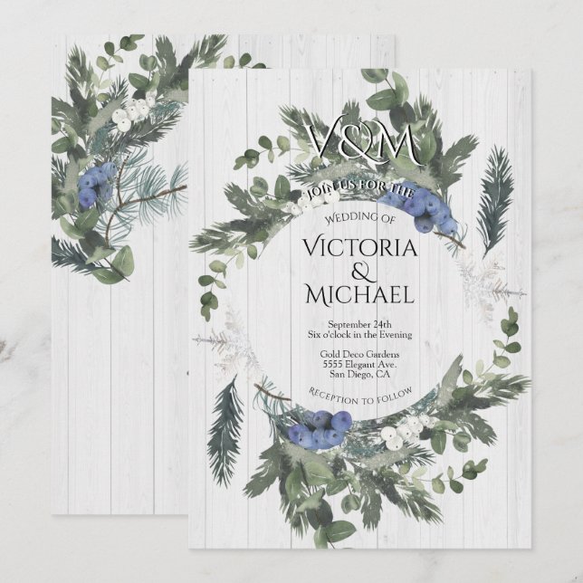 Rustic Wood Floral & Pine Winter Wedding  Invitation (Front/Back)