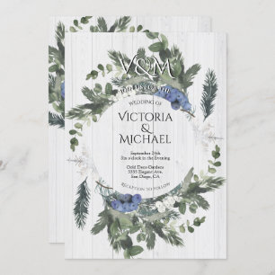 Rustic Wood Floral & Pine Winter Wedding Invitation