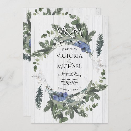 Rustic Wood Floral  Pine Winter Wedding  Invitation