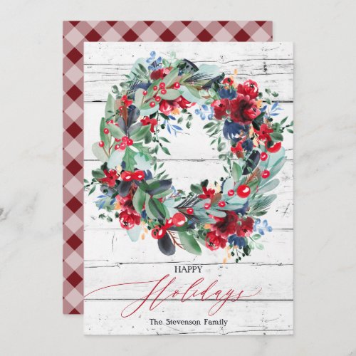 Rustic wood floral red Christmas wreath happy  Holiday Card
