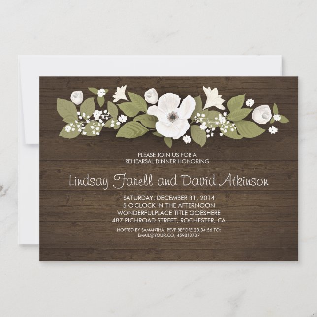 rustic wood floral rehearsal dinner invitation (Front)
