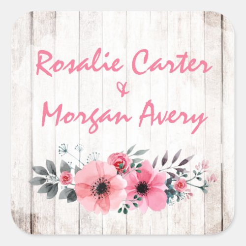 Rustic Wood Floral Rose Country Chic Coral Wedding Square Sticker